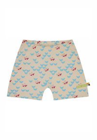 Lichtbeige katoenen shorts met een patroon van blauwe golven en rode papieren boten. Elastiche tailleband en een klein groen merketiket aan de zijkant.