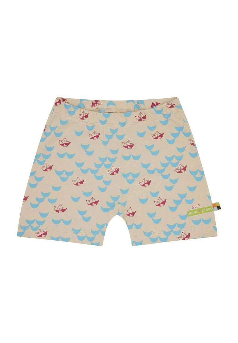 Lichtbeige katoenen shorts met een patroon van blauwe golven en rode papieren boten. Elastiche tailleband en een klein groen merketiket aan de zijkant.