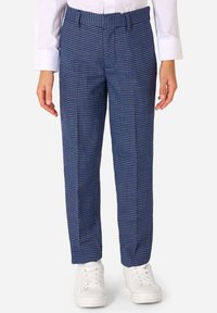 Pantaloni a quadri blu e viola con vestibilità tailored, dotati di una parte anteriore piatta, passanti per la cintura e tasche laterali, abbinati a scarpe da ginnastica bianche.