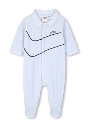 Body bébé bleu clair à manches longues, col, jambes avec pieds, lignes courbes noires et le mot "BOSS" sur la poitrine.
