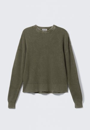 Olive green knitted sweater with a ribbed crew neckline, drop shoulders, long sleeves, and a cropped hem. Textured fabric with visible patterns.