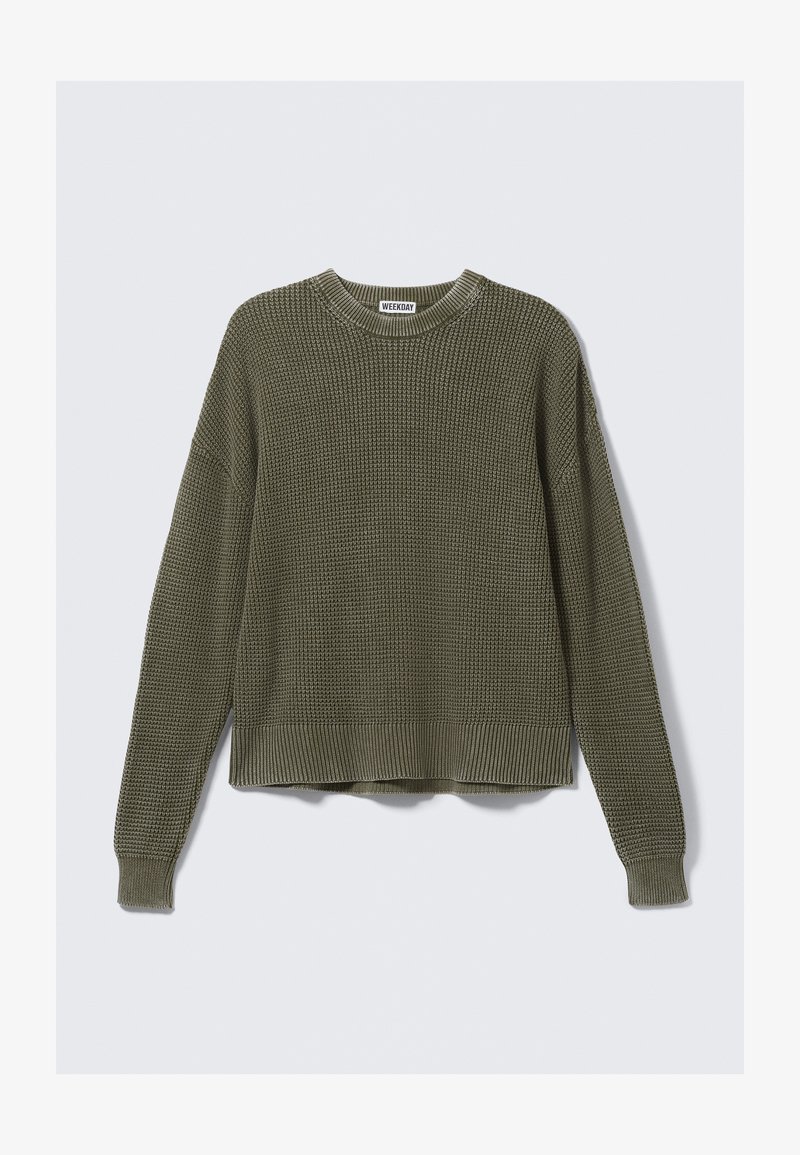 Olive green knitted sweater with a ribbed crew neckline, drop shoulders, long sleeves, and a cropped hem. Textured fabric with visible patterns.