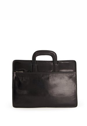 Schwarze Lederaktentasche mit doppelten Griffen, vorderer Reißverschlusstasche, glatter Oberfläche und sichtbaren Nähten. Minimalistisches Design.