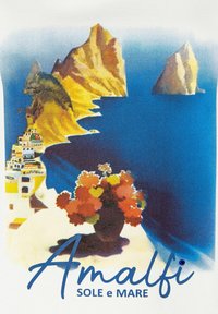 Das Amalfi-Poster zeigt eine malerische Küstenansicht mit felsigen Klippen und blauem Meer, einem Vase mit bunten Blumen im Vordergrund und blauem Text.