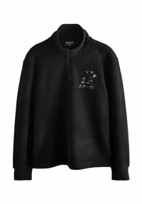 Schwarzer Fleece-Pullover mit Viertelreißverschluss, der bestickte Snoopy- und Woodstock-Charaktere sowie japanischen Text auf der Brust zeigt.