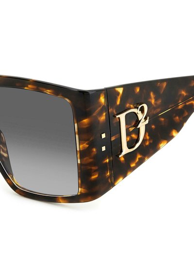 Occhiali da sole in tartaruga con montatura rettangolare oversize, lenti grigie sfumate e un'accogliente accento in oro con logo D2 sulla tempia.