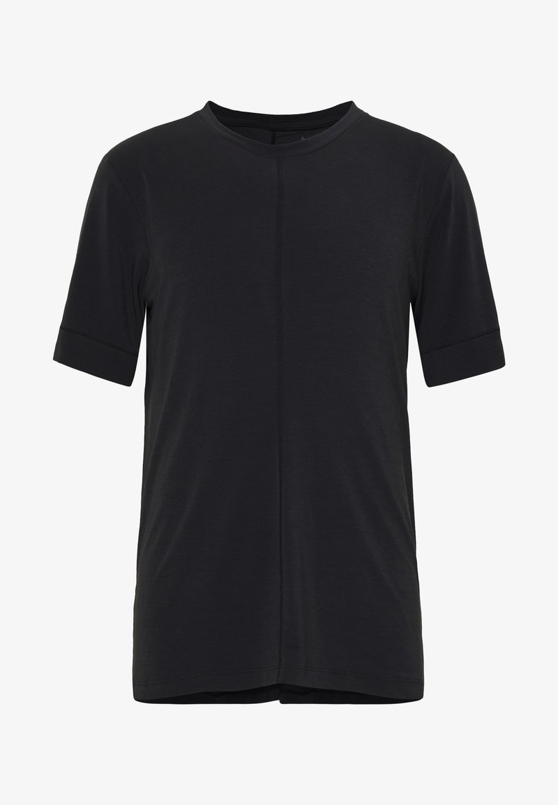 T-shirt noir à manches courtes et col rond avec détail de couture centrale et manches retroussées, présenté sur un fond blanc.