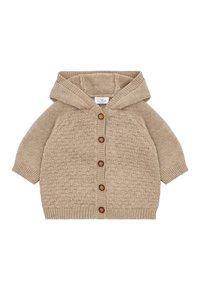 Beige gestrickte Strickjacke mit Kapuze, ausgestattet mit Knopfverschlüssen, strukturiertem Muster und Rippbündchen sowie -saum. Hergestellt aus weichen, natürlichen Fasern.