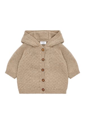 Beige gestrickte Strickjacke mit Kapuze, ausgestattet mit Knopfverschlüssen, strukturiertem Muster und Rippbündchen sowie -saum. Hergestellt aus weichen, natürlichen Fasern.