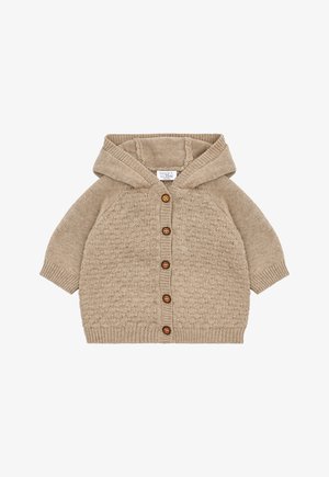 Cardigan beige in maglia con cappuccio, dotato di chiusura a bottoni, motivo testurizzato e polsini e orlo a coste. Realizzato in fibre naturali morbide.