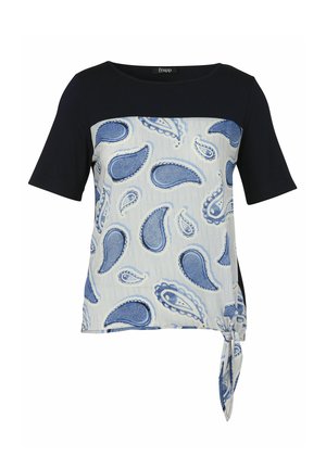 Damenoberteil mit kurzen Ärmeln, schwarzem Oberteil, blauem Paisley-Muster auf dem weißen unteren Abschnitt und seitlicher Knotendetail.