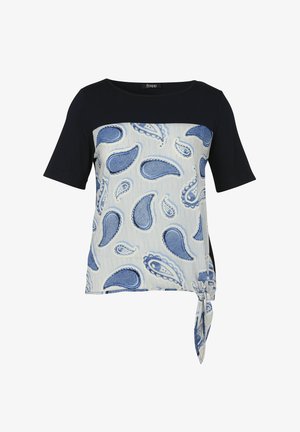 Damenoberteil mit kurzen Ärmeln, schwarzem Oberteil, blauem Paisley-Muster auf dem weißen unteren Abschnitt und seitlicher Knotendetail.