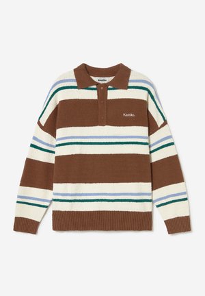 Μπλούζα πόλο μακρυμάνικη με οριζόντιες ρίγες σε καφέ, κρεμ, πράσινο και μπλε χρώμα και γιακά με κουμπιά, με σήμα "Kaotiko" στο στήθος.