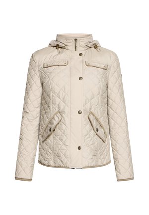 Veste matelassée beige avec une fermeture éclair frontale et des boutons-pression, deux poches poitrine à rabat, deux poches inférieures à rabat inclinées, et une capuche avec cordons de serrage.