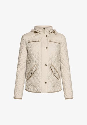 Giacca trapuntata beige con cerniera frontale e bottoni a pressione, due tasche con patta sul petto, due tasche inferiori con patta inclinate e cappuccio con coulisse.