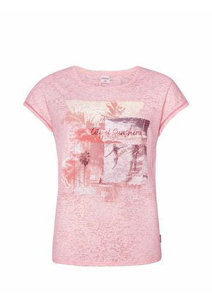 Różowy t-shirt z krótkim rękawem z wyblakłym nadrukiem kolażu przedstawiającym palmy, pływaków i napis "City of Sunshine."