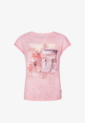 Camiseta rosa de manga corta con un estampado en collage desvaído con palmeras, nadadores y el texto "City of Sunshine."
