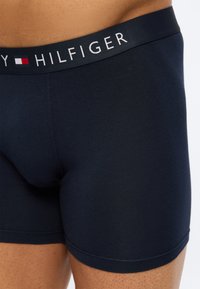 Αρσενικός κορμός που φοράει ναυτικό μπλε boxer Tommy Hilfiger με ζώνη μέσης με λογότυπο και εφαρμοστό ύφασμα.