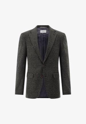 Dark gray textured men's blazer with notch lapels, two-button closure, flap pockets, and patterned inner lining.