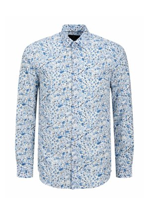 Camicia bianca a maniche lunghe con motivo floreale blu, colletto button-down e bottoni anteriori. Realizzata in cotone leggero con una consistenza morbida.