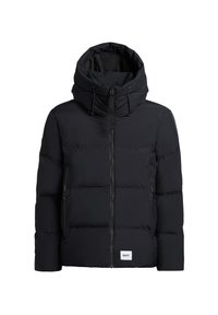 Must värviga puffjakker kõrge kraega ja reguleeritava kapuutsiga, millel on täispikk tõmblukk ja tõmblukkudega küljetaskud. Sujuv sünteetiline kangas.