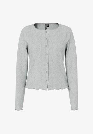 Ljusgrå långärmad kofta med knappar, rund halsringning, vertikal ribbad struktur och volangkant på ärmslut och fåll.