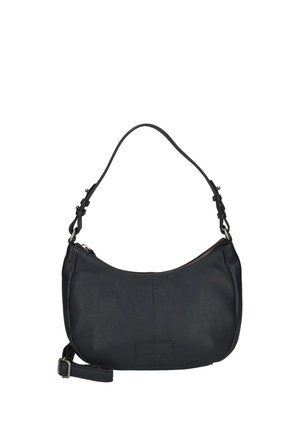 Schwarze Leder-Schultertasche mit gebogenem oberen Abschluss, verstellbarem Riemen und Reißverschluss, gezeigt vor weißem Hintergrund.