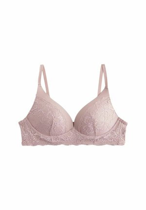 Spitzen-BH in sanftem Rosa mit glatten Cups, verstellbaren Trägern und gewelltem Spitzenbesatz entlang des Bands, das florale Muster aufweist.
