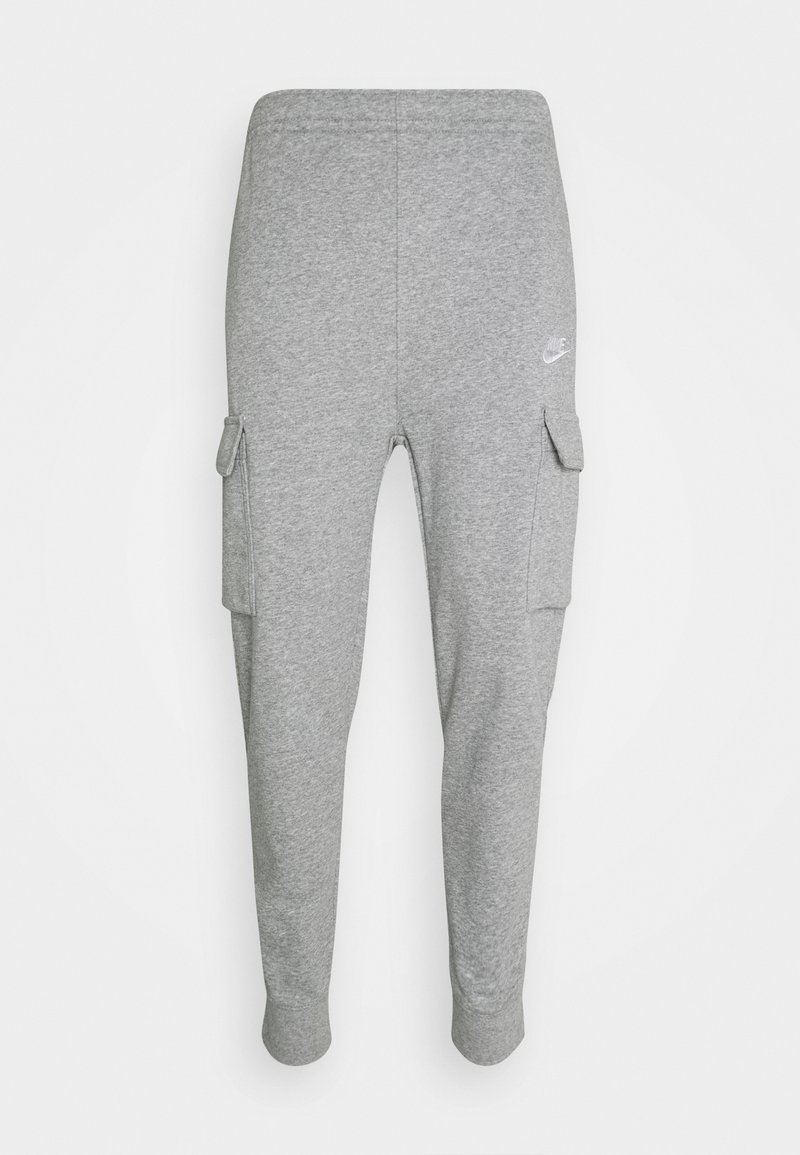 Pantalons de survêtement gris en mélange de coton avec jambes fuselées, poches cargo latérales, taille élastique et un petit logo à l'avant.