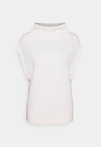 Kurzärmliges, cremefarbenes Oberteil mit hochgeschlossenem Kragen, aus glattem Stoff gefertigt. Verfügt über eine lockere Passform und einen gerippten Saum an der Taille.