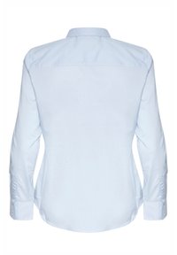 Jasnoniebieska, długosleeve koszula z guzikami, widoczna od tyłu, z klasycznym kołnierzykiem i zapięciami na guziki przy mankietach.