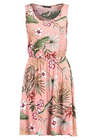 Vestido floral con escote redondeado, diseño sin mangas, fondo rosa, hojas verdes y flores coloridas. Cintura elástica para un mejor ajuste.
