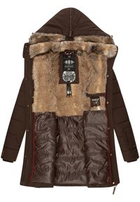 Brown outerwear jacket with faux fur lining, quilted inner layer, and hood. Features include a zip front, snap buttons, and interior pockets.