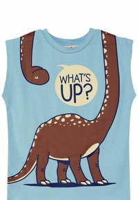 Himmelblaues ärmelloses Shirt mit einem braunen, cartoonhaften Dinosaurier mit Flecken und der Phrase "WAS GIBT's?" in einer Sprechblase.
