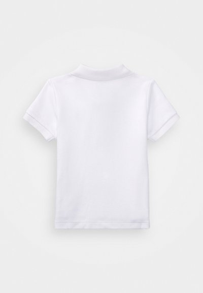 White short-sleeve polo shirt with ribbed collar and cuffs, displayed flat showing the back side.