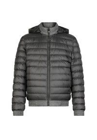 Graue Steppjacke mit einem Reißverschluss vorne und Kapuze. Sie verfügt über eine ge quiltete Textur, elastische Bündchen und einen kontrastierenden gestrickten Saum.