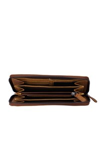 Brown leather wallet with a zip closure, featuring multiple compartments, credit card slots, and a coin pocket. Smooth texture and stitching details.