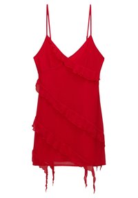 Rotes Kleid mit dünnen Trägern, verziert mit rüschigen Akzenten, die über die Vorderseite fallen, und einem leicht fransigen Saum für zusätzliche Textur.
