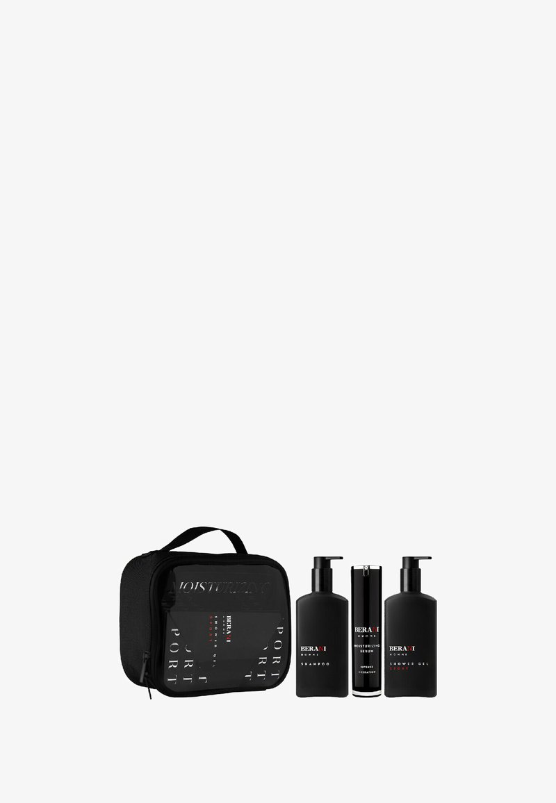 Czarny zestaw do pielęgnacji skóry zawierający trzy pojemniki: szampon i żel pod prysznic, oba w czarnych butelkach z pompkami, oraz nawilżający serum o eleganckim designie.