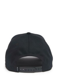 Black baseball cap with a smooth fabric finish, adjustable plastic strap at the back, and a rounded crown with ventilation holes.