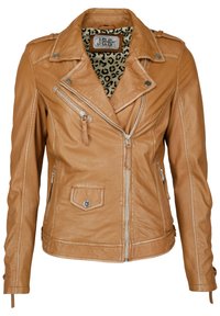Bruine leren motorjack met zilveren ritsen, een zijzak en een luipaardprint voering. Heeft een asymmetrisch frontdesign en drukknoopsluitingen.