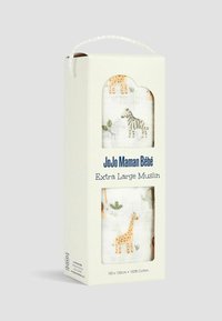 Extra große Baumwoll- Musselin in einer Box, 120 x 120 cm, mit Tiermotiven, darunter Giraffen und Zebras, auf einem weißen Hintergrund.