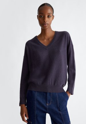 Maglione a V in maglia di colore viola scuro, con polsini e orlo a coste, abbinato a pantaloni in denim blu. Texture morbida e vestibilità comoda.