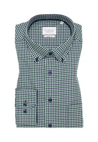 Groene en marineblauwe geruite overhemd, moderne pasvorm, opgevouwen met een spread collar, uitgerust met donkere knopen en een enkele manchetzak.