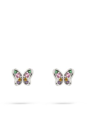 Silver butterfly-shaped stud earrings with green, pink, orange, and purple gemstones on white background.