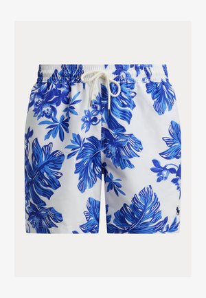 Mėlynos ir baltos gėlėtos maudymosi šortai su raišteliu, turintys didelius tropinių lapų ir gėlių raštus ant lygaus audinio.