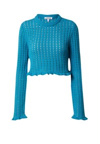 Gekürzter Pullover mit langen Ärmeln in leuchtendem Türkis. Hat ein gestricktes, Lochmuster und eine gewellte Kante entlang der Ärmel und am Saum.