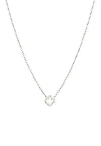 Sølv halskæde med en kæde, der har en blomsterformet vedhæng, der er intrikat detaljeret med huller, hængende i midten.