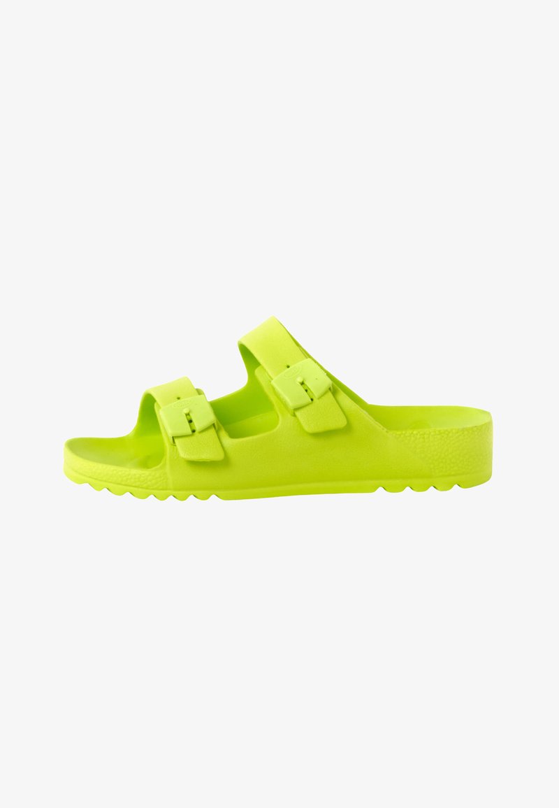 Bright yellow-green slip-on sandal with two adjustable buckle straps and a textured sole for grip.