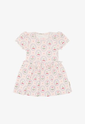 Kurzärmeliges Baby-Kleid mit pinkfarbenen Streifen, geraffter Taille und Muster aus Kirschen und floralen ovalen Rahmen auf hellem Stoff.